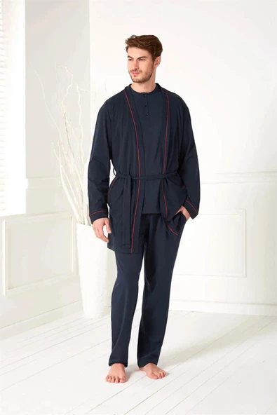 Doreanse 4500 Uzun Kollu Sabahlıklı Modal Kutulu 3 Lü Erkek Pijama Takımı LACİVERT - 2