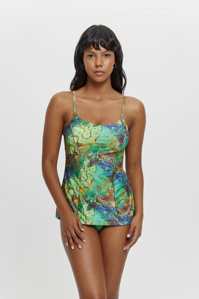 T14002 Biye Detaylı İnce Askılı Tankini YEŞİL - Resim 3