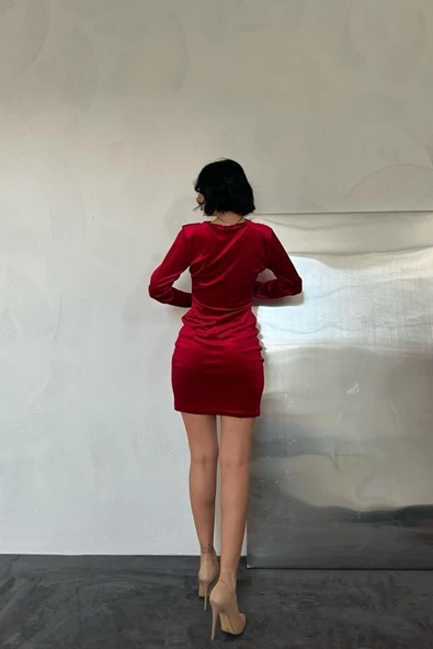 Kırmızı Yaka Ve Kol Dantelli Mini Elbise - Resim 4