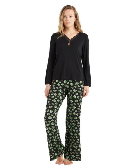 Blackspade 60507 Dantel Detaylı Uzun Kollu Kadın Pijama Takımı SİYAH ürün görseli 1