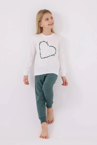Arnetta 3050 Pamuklu Anne Kız Uzun Kollu Garson Kız Çocuk Pijama Takımı Beyaz - 7
