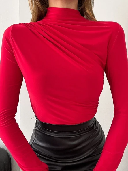 Kadın Uzun Kollu Omuz Büzgü Detay Vanezia Kumaş Bluz - Resim 7