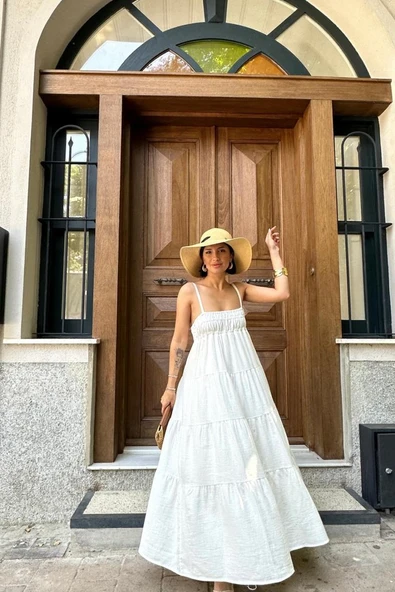 Ekru Askılı Parçalı Müslin Elbise - Resim 2