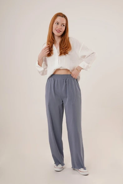 Bel Lastikli Paça Detaylı Cepli İndigo Pantolon - Resim 3