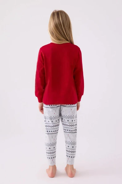 Arnetta 3052 Pamuklu Anne Kız Uzun Kollu Kız Çocuk Pijama Takımı KIRMIZI - Resim 10