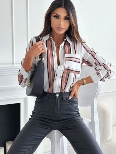 Kadın Uzun Kol Cep Detay Dijital Baskılı Mosskrep Kumaş Gömlek - Resim 2