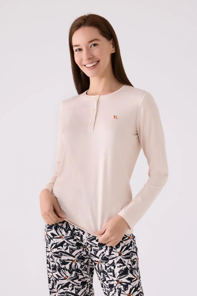 Arnetta 3113 Uzun Kollu Kadın Pijama Takımı BEJ - Resim 2