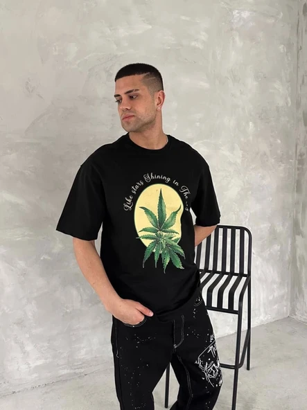 Ön Ve Arka Baskılı Oversize Bisiklet Yaka T-shirt- Siyah - Resim 2