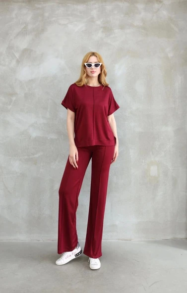 Osy Modal Yumuşak Dokulu Kumaş Bisiklet Yaka Kısa Kollu Takım - Bordo ürün görseli