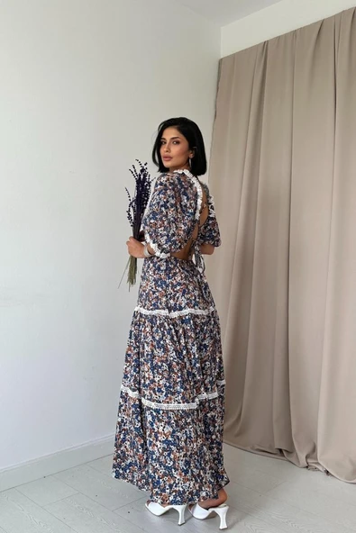 Desenli Sırtı Dekolteli Brode Elbise - Resim 4