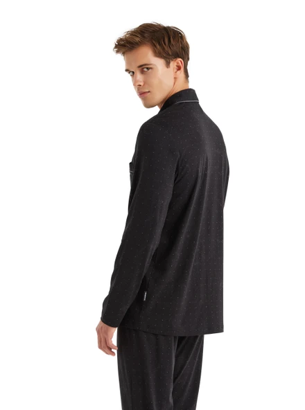 Blackspade 40571 Modal Uzun Kollu Önden Düğmeli Erkek Pijama Takımı SİYAH - Resim 5
