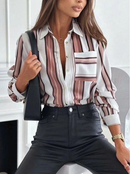 Kadın Uzun Kol Cep Detay Dijital Baskılı Mosskrep Kumaş Gömlek ürün görseli