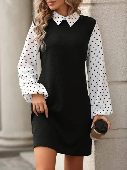 Kadın Uzun Kollu Yakalı Kol Ve Yaka Puantiye Detaylı Ithal Krep Elbise - Resim 2