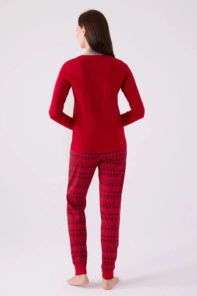 Arnetta 3106 Pamuklu Anne Kız Uzun Kollu Kadın Pijama Takımı KIRMIZI - Resim 10