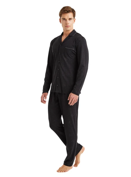 Blackspade 40571 Modal Uzun Kollu Önden Düğmeli Erkek Pijama Takımı SİYAH - Resim 3