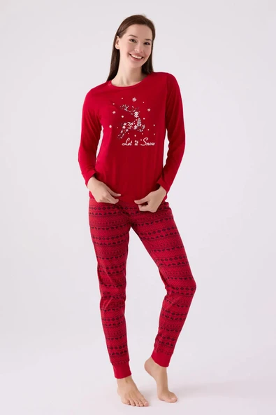 Arnetta 3106 Pamuklu Anne Kız Uzun Kollu Kadın Pijama Takımı KIRMIZI - Resim 2