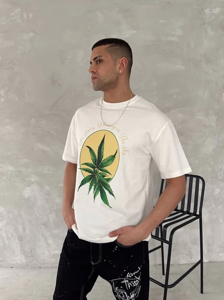 Ön Ve Arka Baskılı Oversize Bisiklet Yaka T-shirt- Beyaz - Resim 2