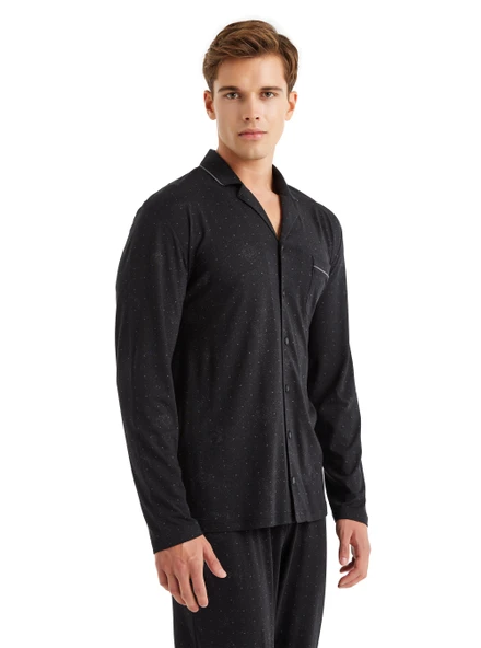 Blackspade 40571 Modal Uzun Kollu Önden Düğmeli Erkek Pijama Takımı SİYAH - Resim 4