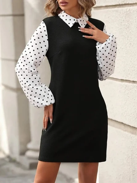 Kadın Uzun Kollu Yakalı Kol Ve Yaka Puantiye Detaylı Ithal Krep Elbise ürün görseli