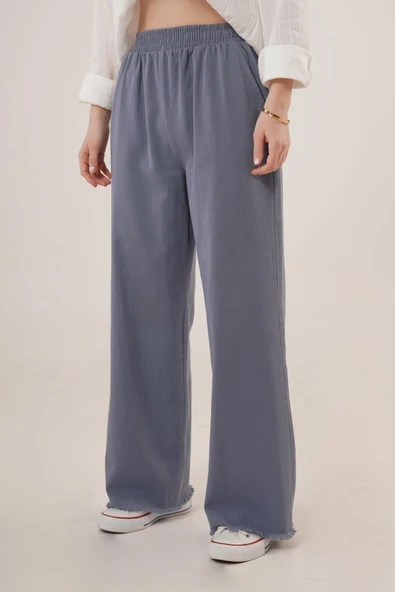 Bel Lastikli Paça Detaylı Cepli İndigo Pantolon - Resim 2