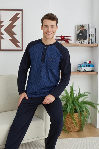 Kly Midi Yaka Uzun Kol Erkek  Pijama Takım 8032 İndigo ürün görseli