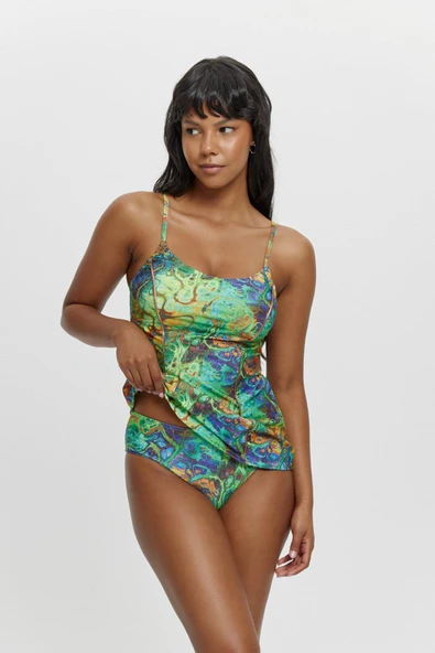 T14002 Biye Detaylı İnce Askılı Tankini YEŞİL - Resim 2