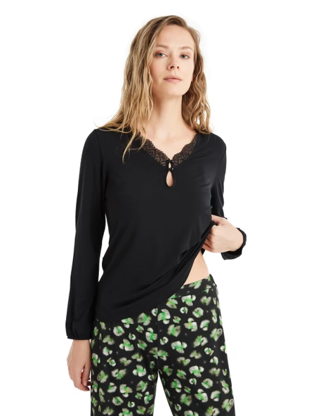 Blackspade 60507 Dantel Detaylı Uzun Kollu Kadın Pijama Takımı SİYAH - Resim 5