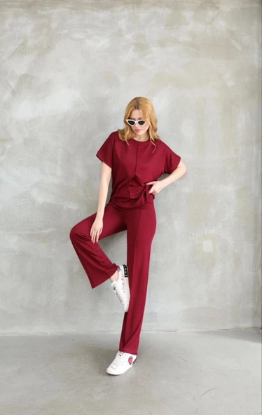 Osy Modal Yumuşak Dokulu Kumaş Bisiklet Yaka Kısa Kollu Takım - Bordo - Resim 2