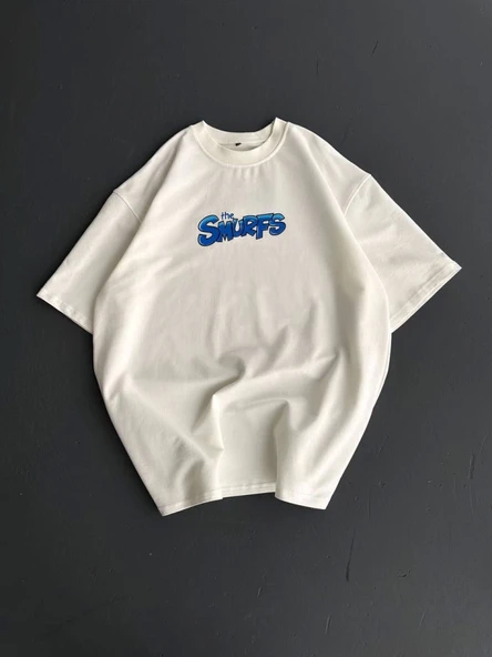 Ön Ve Arka Baskılı Oversize Bisiklet Yaka T-shirt- Beyaz ürün görseli