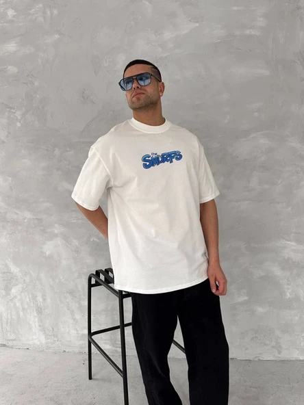 Ön Ve Arka Baskılı Oversize Bisiklet Yaka T-shirt- Beyaz - Resim 3