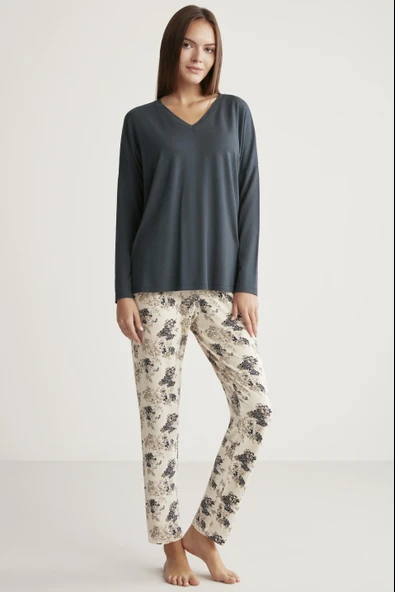 Alin 323 Yumuşak Doku Uzun Kol Kadın Pijama Takımı ANTRASİT ürün görseli 1