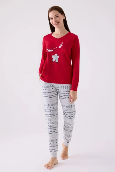 Arnetta 3052 Pamuklu Anne Kız Uzun Kollu Kadın Pijama Takımı KIRMIZI ürün görseli 1