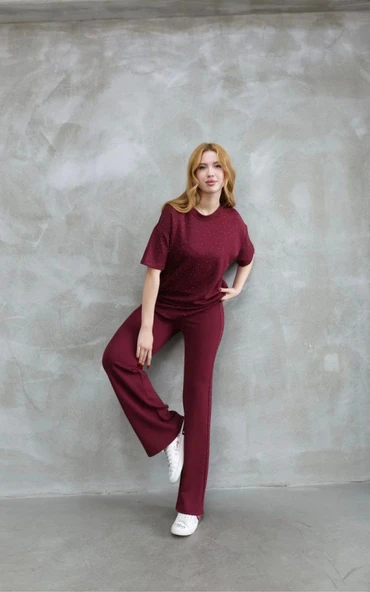 Osy Modal Yumuşak Dokulu Kumaş Bisiklet Yaka Taş Detaylı Kısa Kollu Takım - Bordo - Resim 3