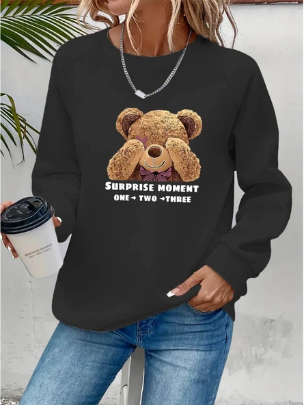 Kadın Uzun Kollu Bisiklet Yaka Ayıcık Desenli Viskon Iki Iplik Bluz - Resim 2