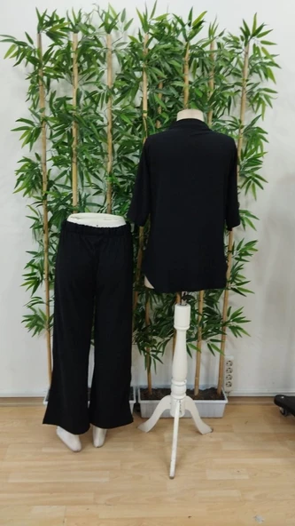 Kadın Kısa Kollu V Hakim Yaka Düğmeli Bürümcük Bluz Ve Pantolon Ikili Takım - Resim 8