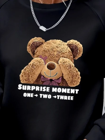 Kadın Uzun Kollu Bisiklet Yaka Ayıcık Desenli Viskon Iki Iplik Bluz - Resim 2