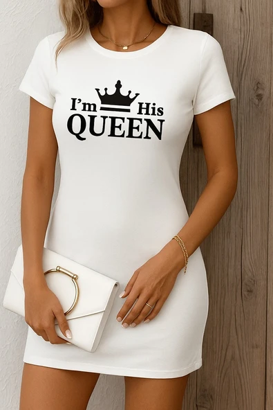 Kadın Kısa Kollu Queen Baskı Iki Iplik Mini Elbise ürün görseli