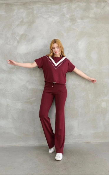 Osy Modal Yumuşak Dokulu Kumaş Bisiklet Yaka Parçalı Detaylı Kısa Kollu Takım - Bordo ürün görseli