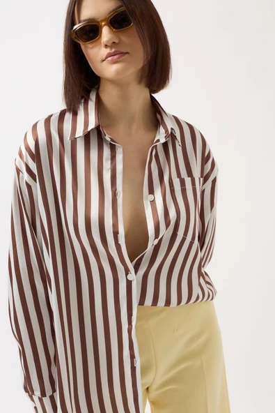 Çizgili Saten Gömlek - Resim 4