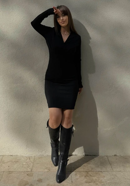 Kadın Uzun Kollu Kruvaze Yaka Krep Mini Boy Elbise - Resim 10