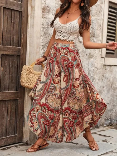 Kadın Yüksek Bel Beli Lastikli Desenli Geniş Paçalı Süprem Pantolon - Resim 6