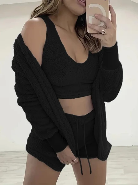 Kadın Uzun Kollu Ceket, Askılı Peluş Bluz Ve şort üçlü Takım ürün görseli