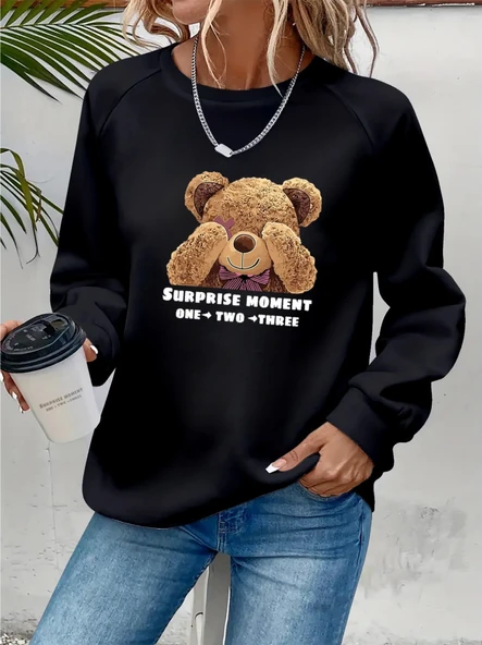 Kadın Uzun Kollu Bisiklet Yaka Ayıcık Desenli Viskon Iki Iplik Bluz - Resim 3