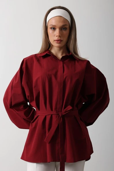 Bel Detaylı Gömlek - Bordo - Resim 3