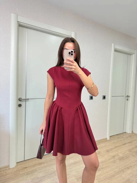 Sırt Dekolteli Çan Detaylı Mini Elbise - Bordo - Resim 2