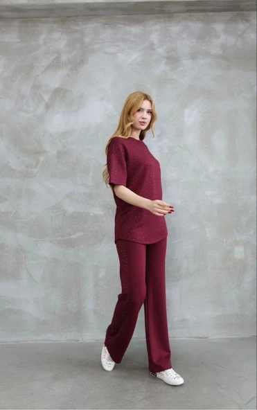 Osy Modal Yumuşak Dokulu Kumaş Bisiklet Yaka Taş Detaylı Kısa Kollu Takım - Bordo ürün görseli