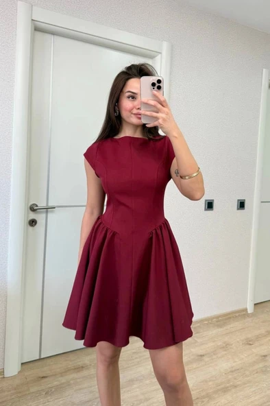 Sırt Dekolteli Çan Detaylı Mini Elbise - Bordo ürün görseli