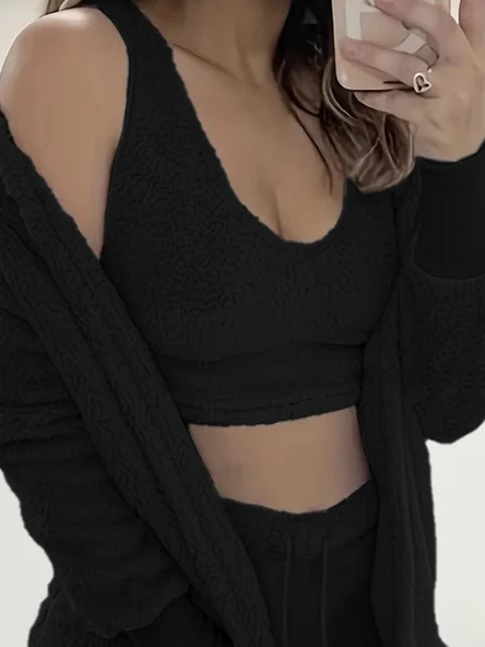 Kadın Uzun Kollu Ceket, Askılı Peluş Bluz Ve şort üçlü Takım - Resim 2