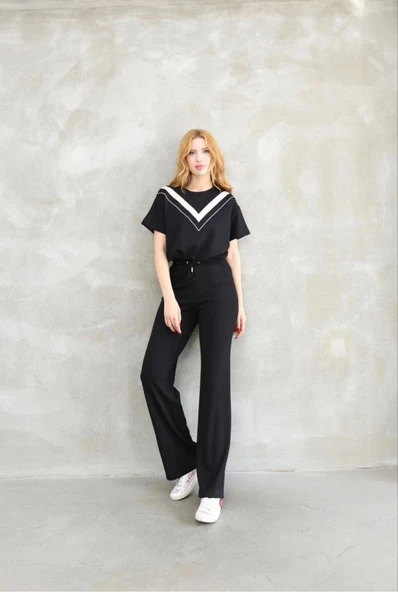 Osy Modal Yumuşak Dokulu Kumaş Bisiklet Yaka Parçalı Detaylı Kısa Kollu Takım - Siyah - Resim 3