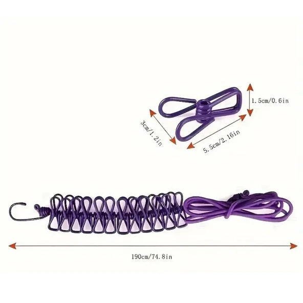 BUFFER® Taşınabilir Seyahat Çamaşır İpi 12 Mandallı Klipsli Lastikli Çamaşır Mandalları - Resim 5